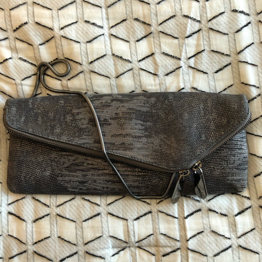 Rare Henri Bendel Asymmetric Metallic Snakeskin Clutch